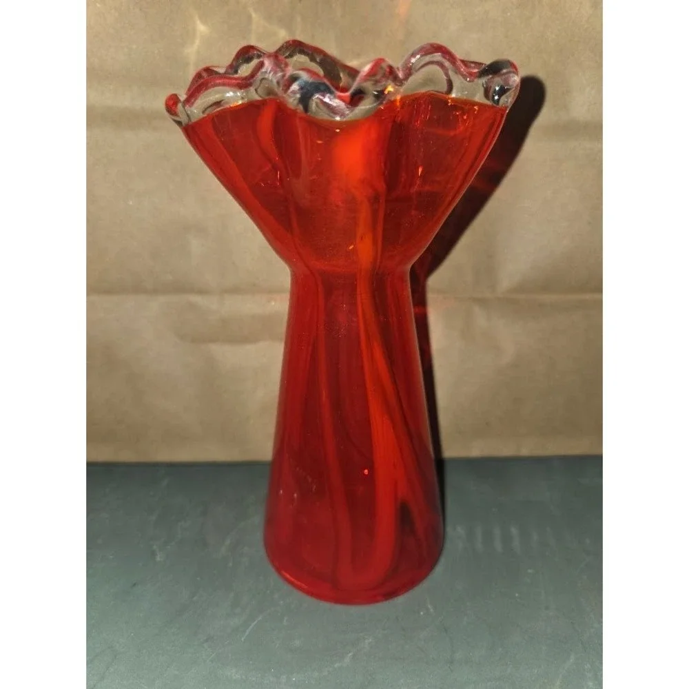 Vintage Red Art Glass Bud Vase Ruffled Rim Hand Blown 6 Inch Home Decor